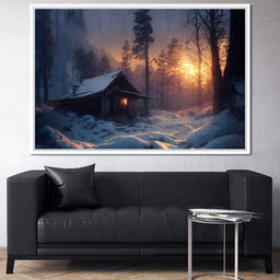 Warm Cabin Covered in Snow - NicheCanvas