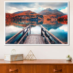 Wooden Pier on Autumn lake Sils - NicheCanvas