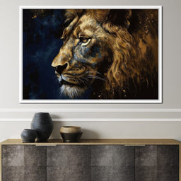 Golden Lion on Blue Background - NicheCanvas