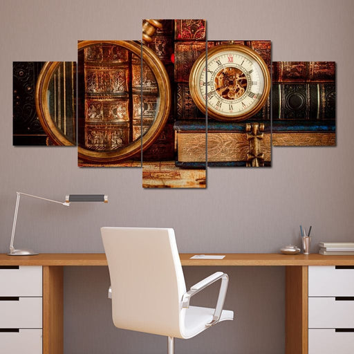 Golden Books - Canvas Print - realistic 5 panel wall art of a collection of books and a vintage watch - make a statement when you hang this art to your living room | NicheCanvas