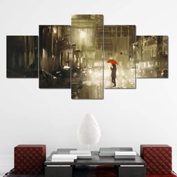 Red Umbrella In The Dark City Multi Panel Canvas Wall Art - NicheCanvas
