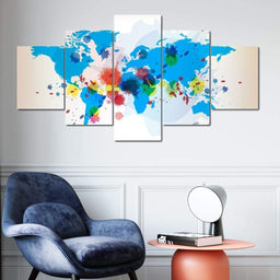 World Map - Watercolor Multi Panel Canvas Wall Art - NicheCanvas