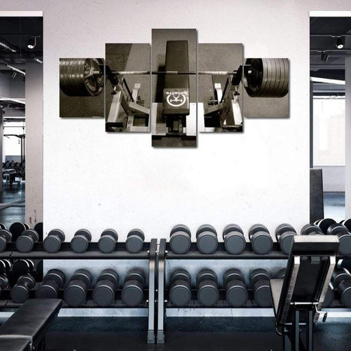 Bench Press - Canvas Print - 5 panel wall art of a barbell and barbell bench - this unique art print is the perfect hang decor to your home gym | NicheCanvas