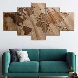 World Map - Timber Multi Panel Canvas Wall Art - NicheCanvas
