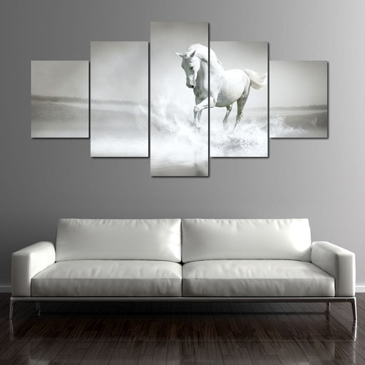 White Horse Running - Canvas Print - unique black and white wall art featuring a slim horse running - this work of art is the perfect eye catching accent to your space | NicheCanvas