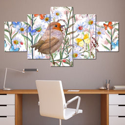 Cute Bird & Butterflies Multi Panel Canvas Wall Art - NicheCanvas