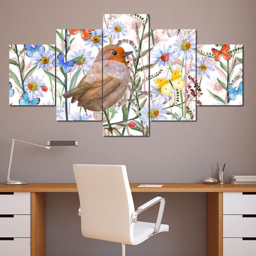 Cute Bird & Butterflies - Canvas Print - this artsy wall canvas shows a beautiful image of animals and flowers - this piece of art can be displayed in any room | NicheCanvas