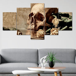 Skull and Dead Roses Multi Panel Canvas Wall Art - NicheCanvas