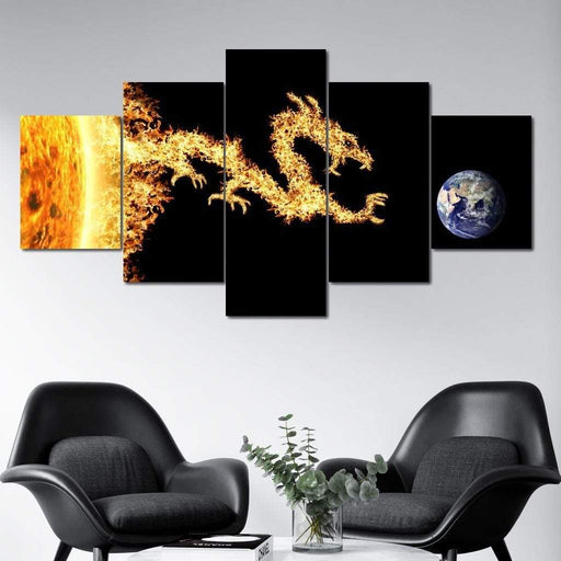 Dragon Sun - Canvas Print - one of a kind wall art of a golden dragon sun and the earth - this beautiful canvas art will draw eyes to your guests | NicheCanvas