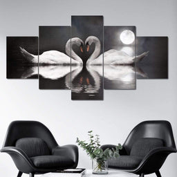 Realistic vision of romantic artwork hanging behind chairs and a table