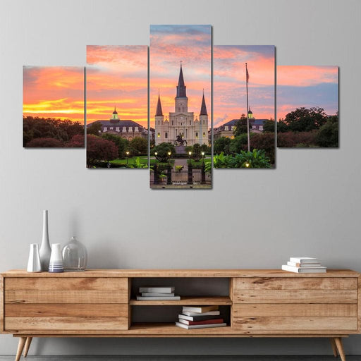 Saint Louis Cathedral in New Orleans - Canvas Print - 5 panel wall art featuring the famous cathedral and a beautiful sunset - this art print is a unique way to capture your visitors' attention | NicheCanvas