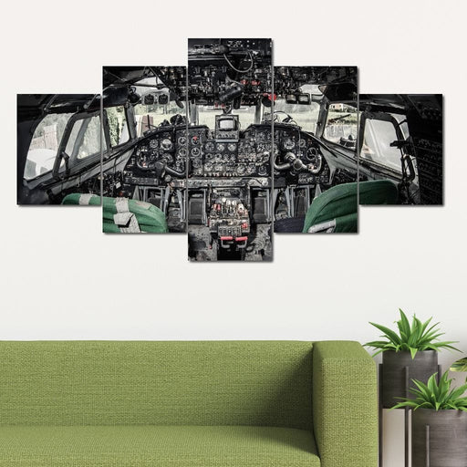 Airplane Cockpit - Canvas Print - 5 panel wall art of an airplane cockpit flight deck - add this canvas print to your home for an interesting decor in your living space | NicheCanvas