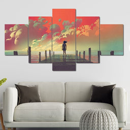 Wooden Pier Clouds Multi Panel Canvas Wall Art - NicheCanvas