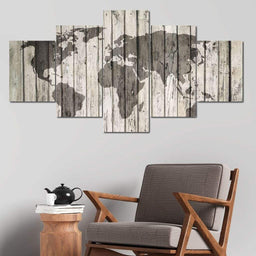 World Map - Rustic Planks Multi Panel Canvas Wall Art - NicheCanvas