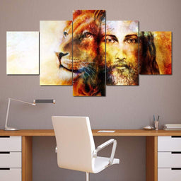 Jesus with a Lion Multi Panel Canvas Wall Art - NicheCanvas