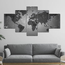 World Map - Grey Tones Multi Panel Canvas Wall Art - NicheCanvas