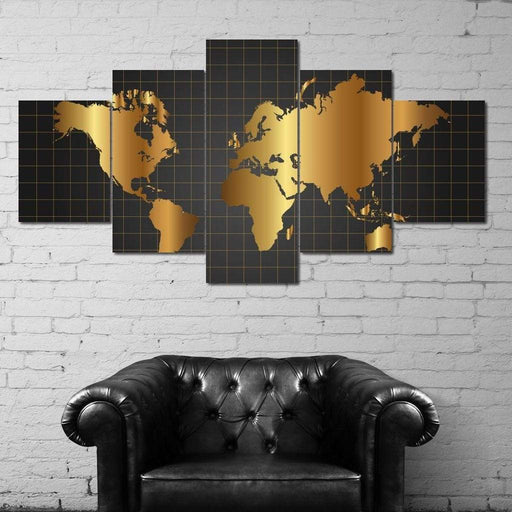World Map - Gold Continents - Canvas Print - gorgeous wall art of a black and gold map - this classy art painting is perfect for your minimalist theme | NicheCanvas