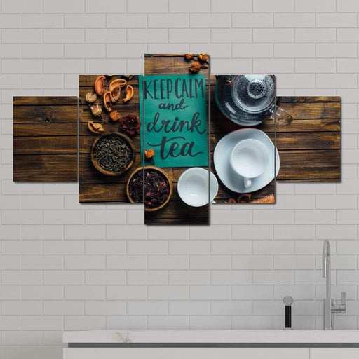 Keep Calm and Drink Tea - Canvas Print - photorealistic wall art of a teapot medicinal herbs on the table - this beautiful art piece is the perfect gift for your family | NicheCanvas