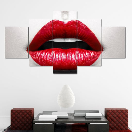 Red Kiss - Canvas Print - gorgeous wall art of a woman's mouth wearing a bright red lipstick - this is a unique way to capture the attention of your visitors  | NicheCanvas