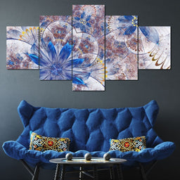 Blue Fractal Flower Design Multi Panel Canvas Wall Art - NicheCanvas