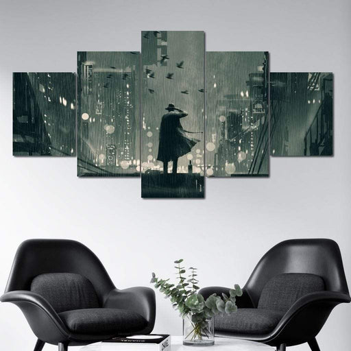 Sin City Detective - Canvas Print - vintage wall art of a detective solving a mystery on a rainy night - this home decor will leave your visitors curious | NicheCanvas