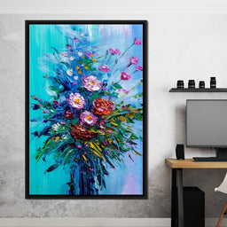 Bouquet of Flowers on Blue Background - NicheCanvas