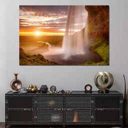 Sunset over Seljalandsfoss Waterfall - NicheCanvas