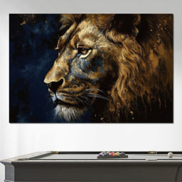 Golden Lion on Blue Background - NicheCanvas