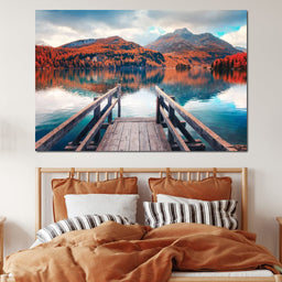 Wooden Pier on Autumn lake Sils - NicheCanvas