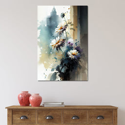 White & Teal Watercolor Flowers - NicheCanvas