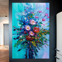 Bouquet of Flowers on Blue Background - NicheCanvas