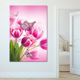 Bouquet of Pink Tulips & Butterflies - NicheCanvas