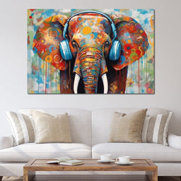 Elephant Listening Music with Headphone - NicheCanvas