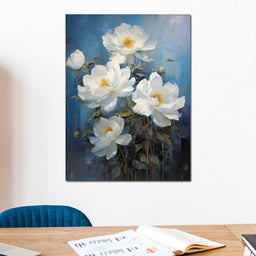 White Peonies on Light Blue Background - NicheCanvas