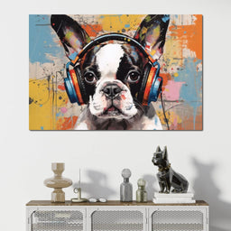 Boston Terrier Listening Music with Headphone - NicheCanvas