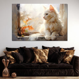 White Cat Sitting on Windowsill - NicheCanvas