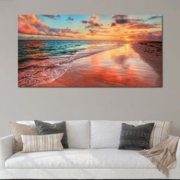 Sunset Over an Ocean Beach Shore - NicheCanvas