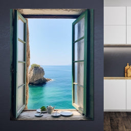 Oceanic Vista Through Wooden Pane - NicheCanvas
