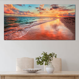 Sunset Over an Ocean Beach Shore - NicheCanvas