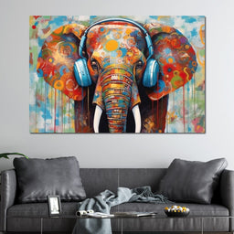 Elephant Listening Music with Headphone - NicheCanvas