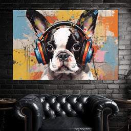 Boston Terrier Listening Music with Headphone - NicheCanvas