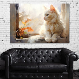 White Cat Sitting on Windowsill - NicheCanvas