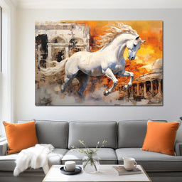White Equine Amidst Ruins - NicheCanvas