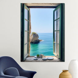 Oceanic Vista Through Wooden Pane - NicheCanvas