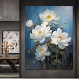 White Peonies on Light Blue Background - NicheCanvas