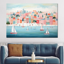 Sailboats in Dreamy Cityscape - NicheCanvas