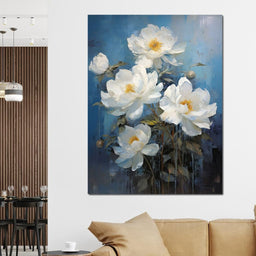 White Peonies on Light Blue Background - NicheCanvas