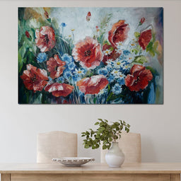 Poppies & Blue Flowers - NicheCanvas