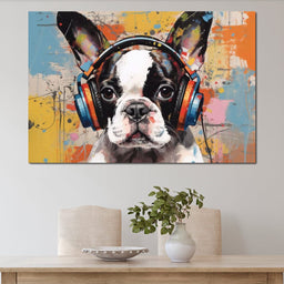 Boston Terrier Listening Music with Headphone - NicheCanvas