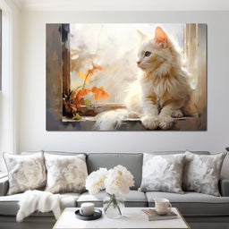 White Cat Sitting on Windowsill - NicheCanvas
